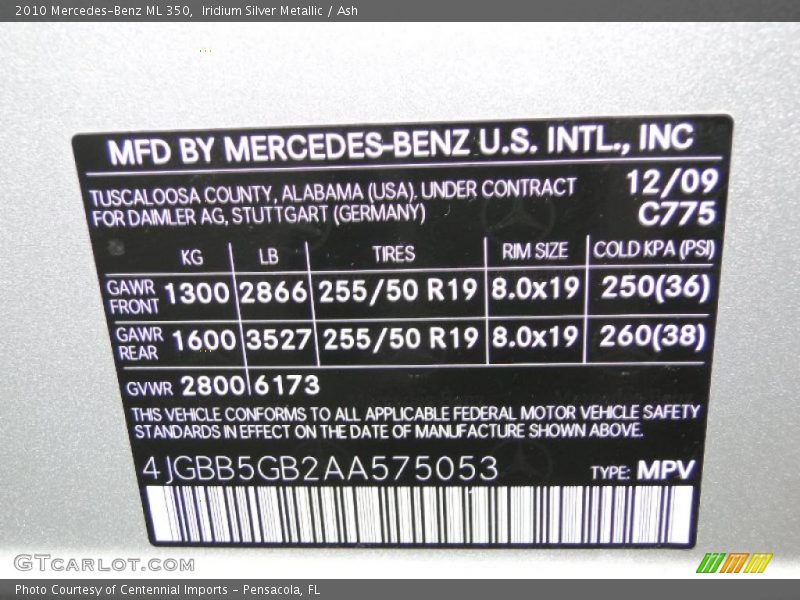 Iridium Silver Metallic / Ash 2010 Mercedes-Benz ML 350