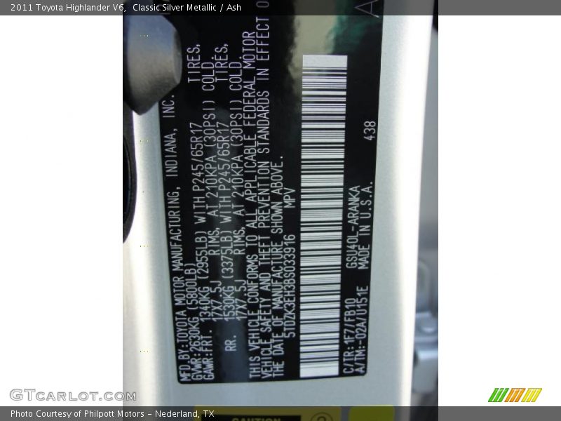 2011 Highlander V6 Classic Silver Metallic Color Code 1F7