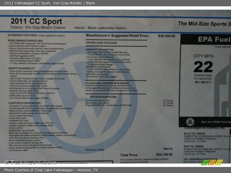 Iron Gray Metallic / Black 2011 Volkswagen CC Sport