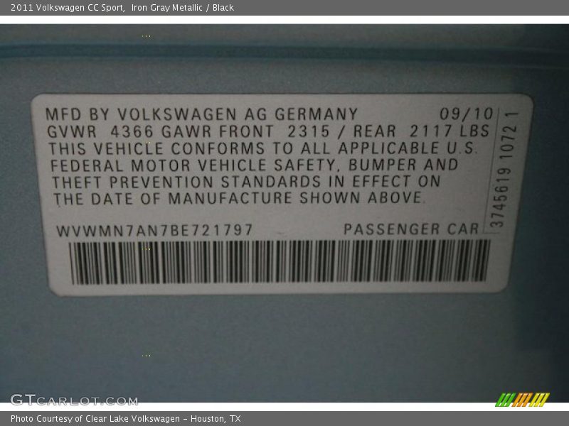 Iron Gray Metallic / Black 2011 Volkswagen CC Sport