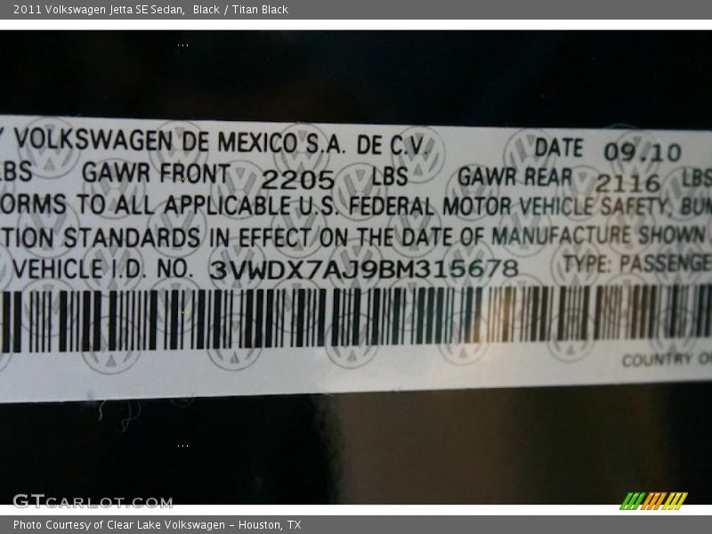 Black / Titan Black 2011 Volkswagen Jetta SE Sedan