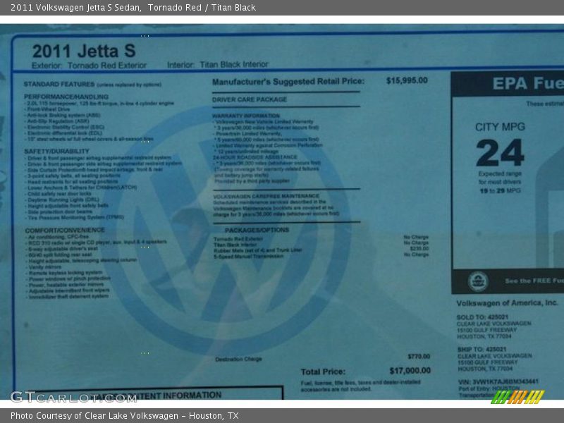  2011 Jetta S Sedan Window Sticker