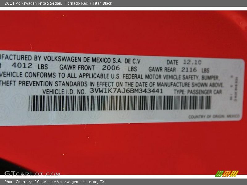 Info Tag of 2011 Jetta S Sedan