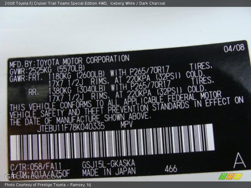 2008 FJ Cruiser Trail Teams Special Edition 4WD Iceberg White Color Code 058