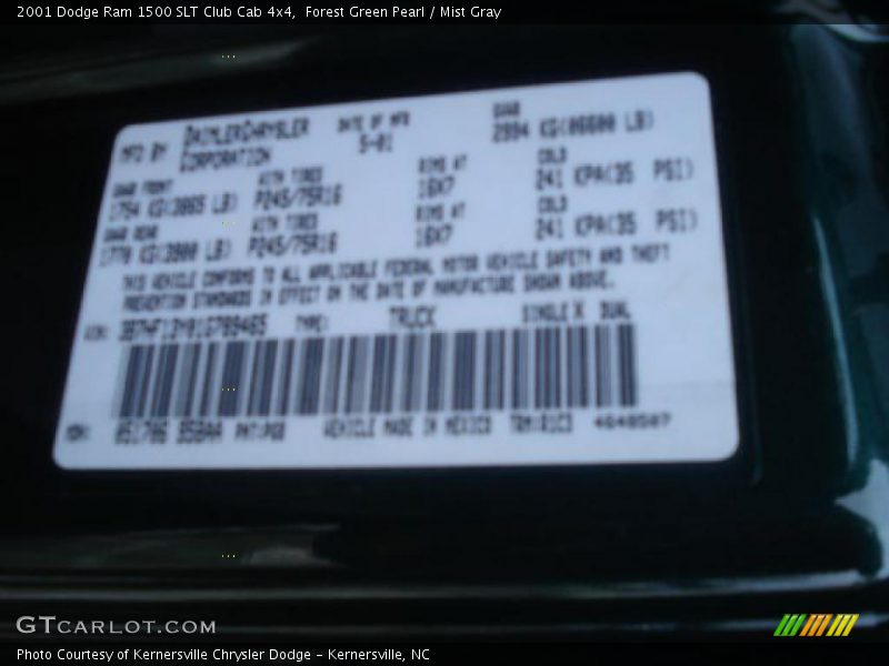 Forest Green Pearl / Mist Gray 2001 Dodge Ram 1500 SLT Club Cab 4x4