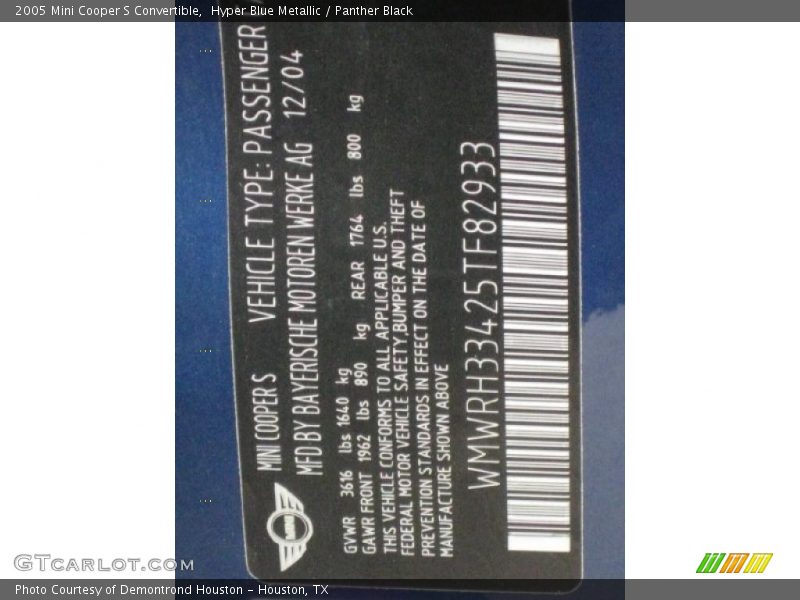 Info Tag of 2005 Cooper S Convertible