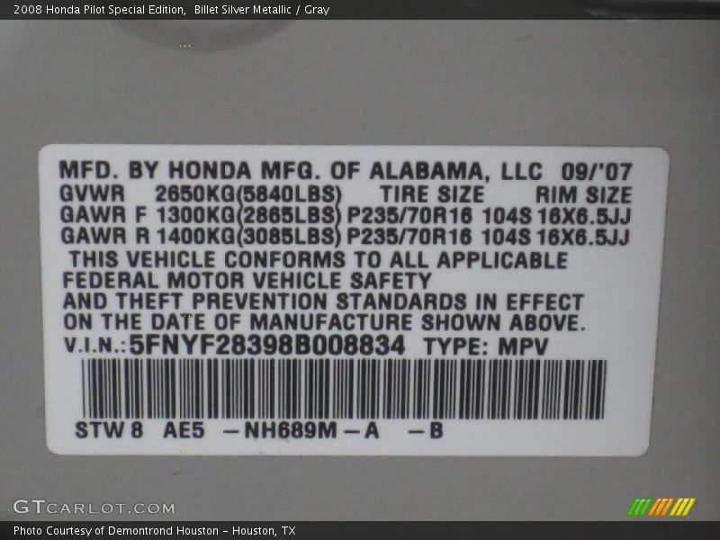 2008 Pilot Special Edition Billet Silver Metallic Color Code NH689M
