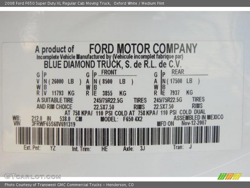 Oxford White / Medium Flint 2008 Ford F650 Super Duty XL Regular Cab Moving Truck