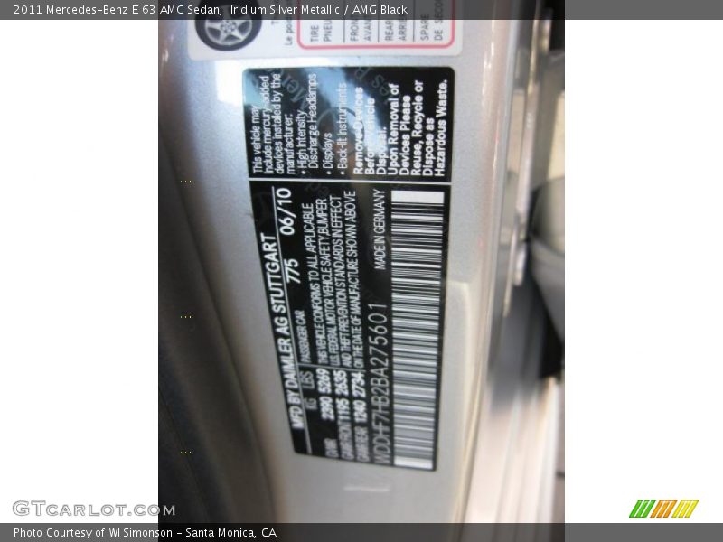 2011 E 63 AMG Sedan Iridium Silver Metallic Color Code 775