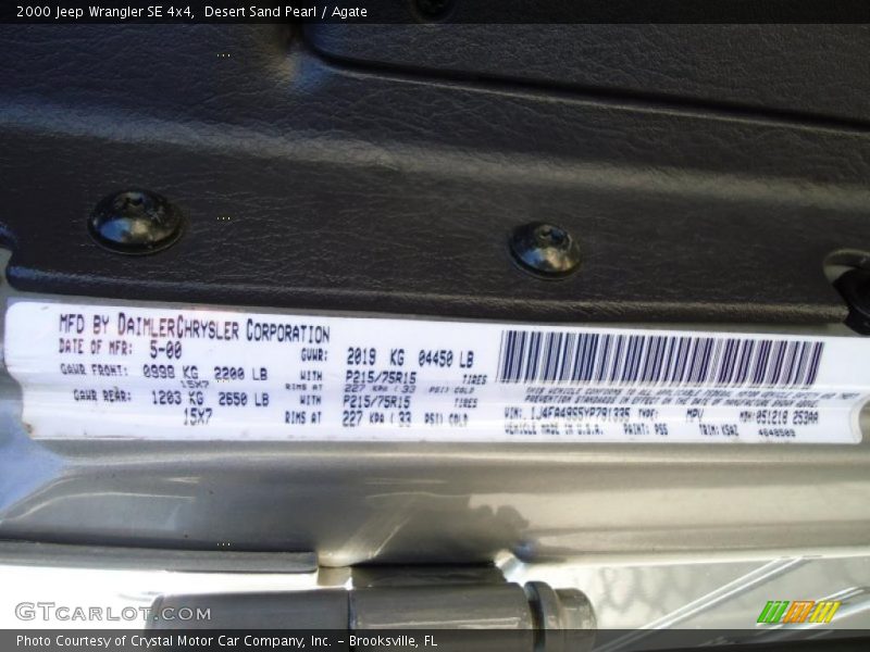 Desert Sand Pearl / Agate 2000 Jeep Wrangler SE 4x4