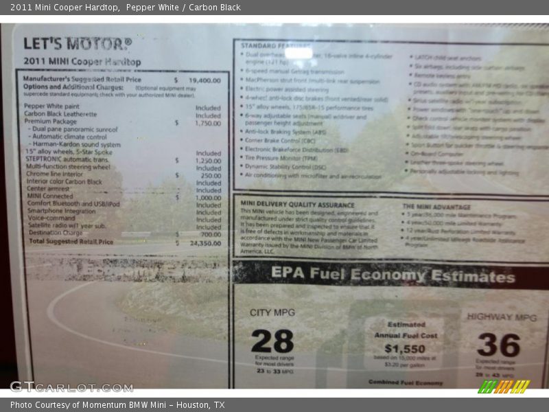 Pepper White / Carbon Black 2011 Mini Cooper Hardtop