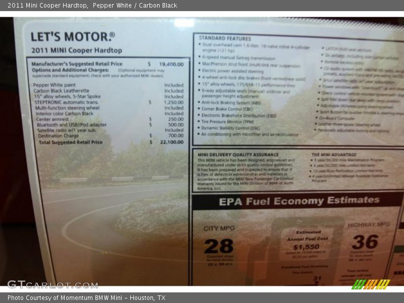 Pepper White / Carbon Black 2011 Mini Cooper Hardtop