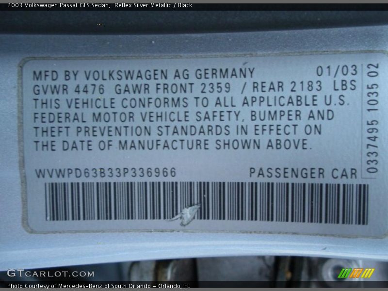 Reflex Silver Metallic / Black 2003 Volkswagen Passat GLS Sedan