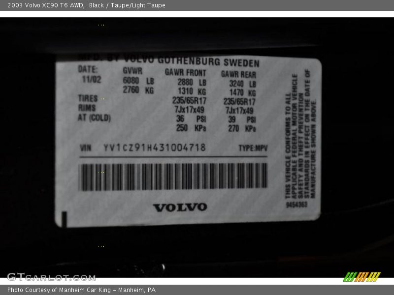 Black / Taupe/Light Taupe 2003 Volvo XC90 T6 AWD