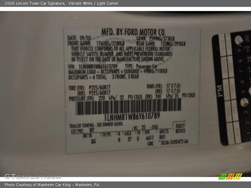 2006 Town Car Signature Vibrant White Color Code WT