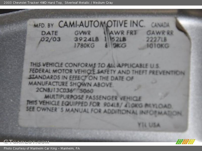 Silverleaf Metallic / Medium Gray 2003 Chevrolet Tracker 4WD Hard Top