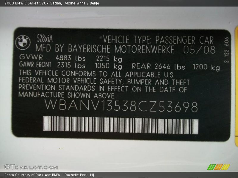 Alpine White / Beige 2008 BMW 5 Series 528xi Sedan