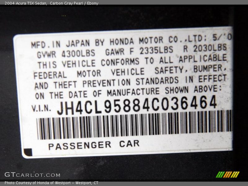 Carbon Gray Pearl / Ebony 2004 Acura TSX Sedan