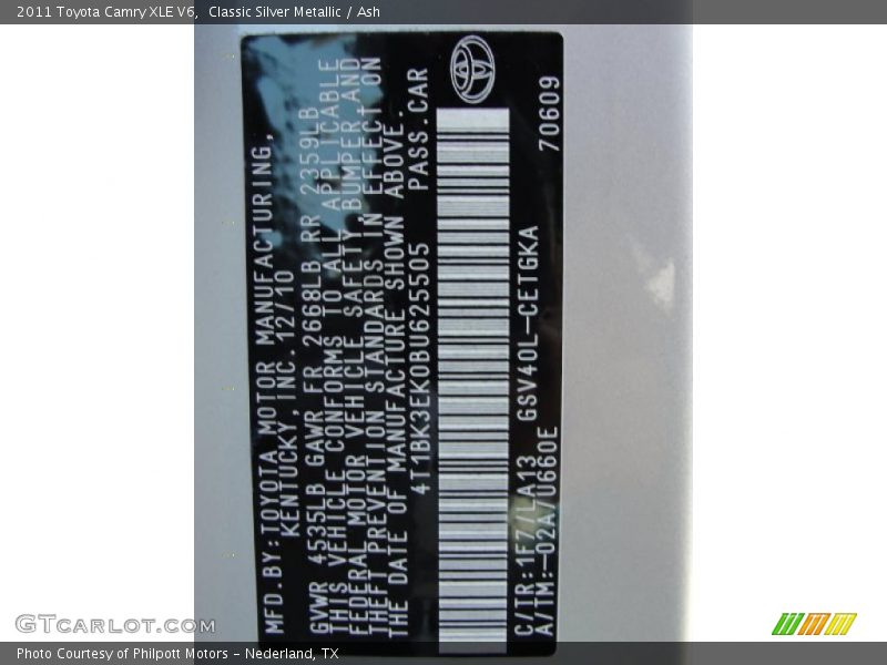 2011 Camry XLE V6 Classic Silver Metallic Color Code 1F7