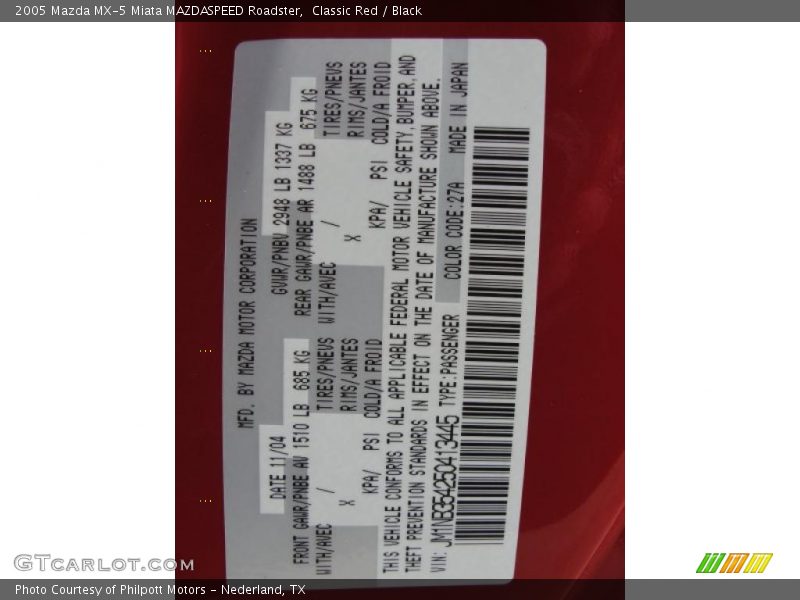 2005 MX-5 Miata MAZDASPEED Roadster Classic Red Color Code 27A