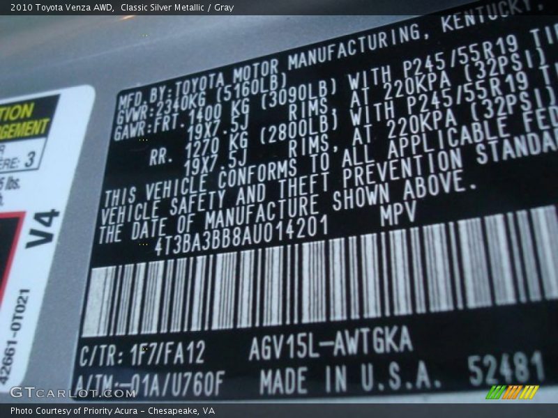 2010 Venza AWD Classic Silver Metallic Color Code 1F7