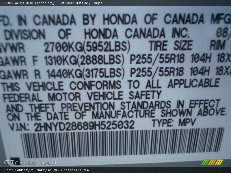 Billet Silver Metallic / Taupe 2009 Acura MDX Technology