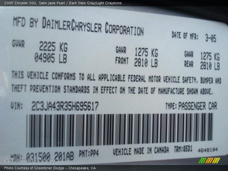 Satin Jade Pearl / Dark Slate Gray/Light Graystone 2005 Chrysler 300