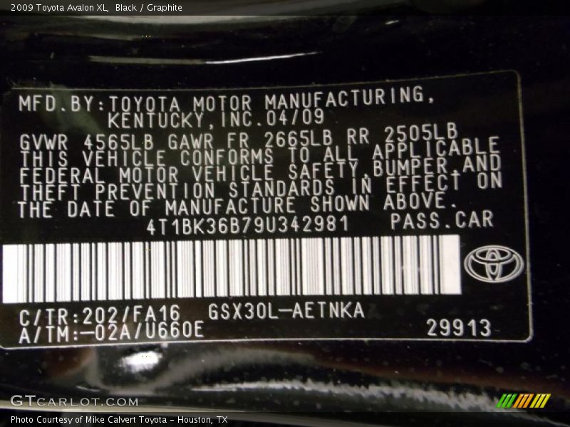 Black / Graphite 2009 Toyota Avalon XL