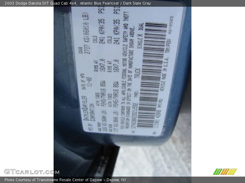 Atlantic Blue Pearlcoat / Dark Slate Gray 2003 Dodge Dakota SXT Quad Cab 4x4
