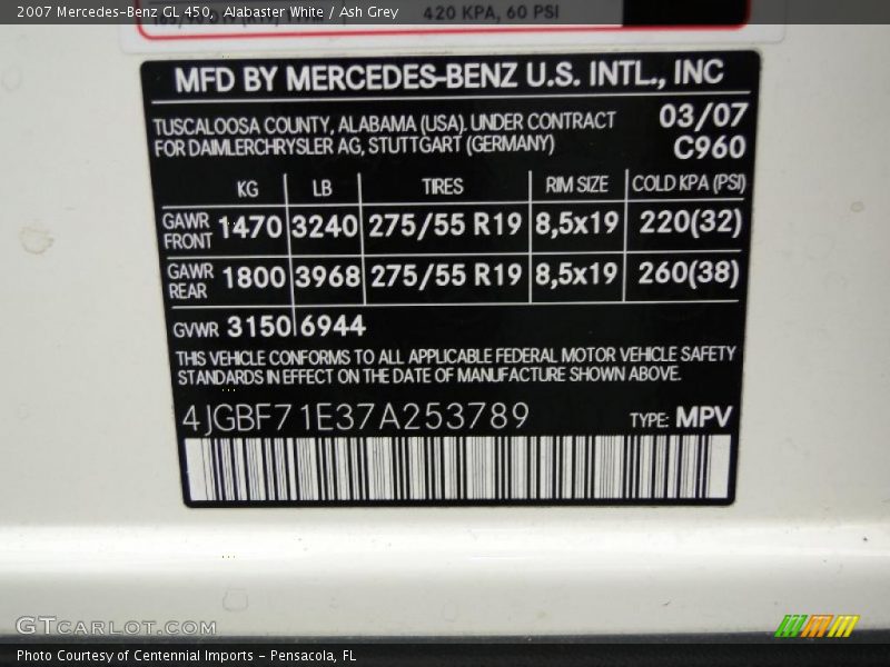 Alabaster White / Ash Grey 2007 Mercedes-Benz GL 450