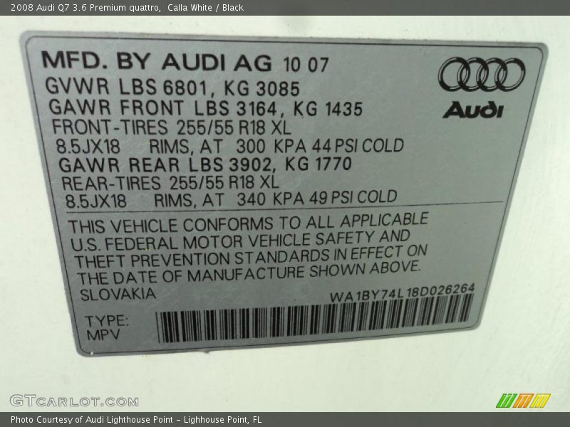 Calla White / Black 2008 Audi Q7 3.6 Premium quattro