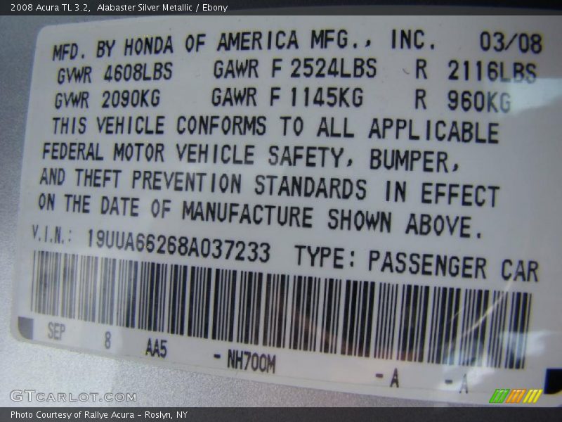 Alabaster Silver Metallic / Ebony 2008 Acura TL 3.2