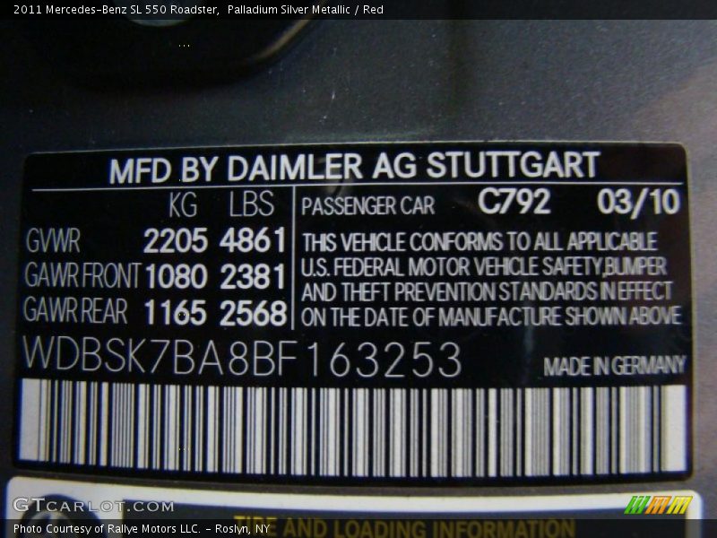 2011 SL 550 Roadster Palladium Silver Metallic Color Code 792