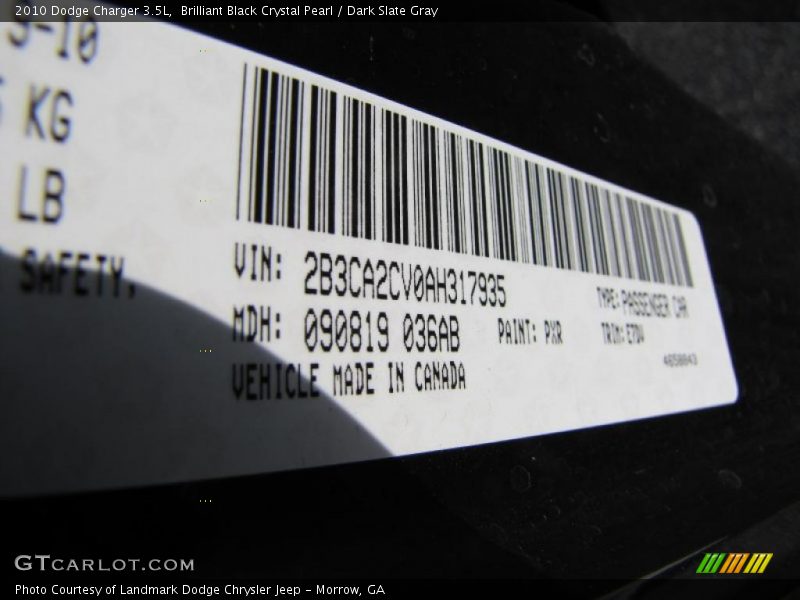 Brilliant Black Crystal Pearl / Dark Slate Gray 2010 Dodge Charger 3.5L