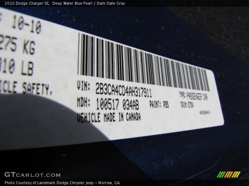 Deep Water Blue Pearl / Dark Slate Gray 2010 Dodge Charger SE