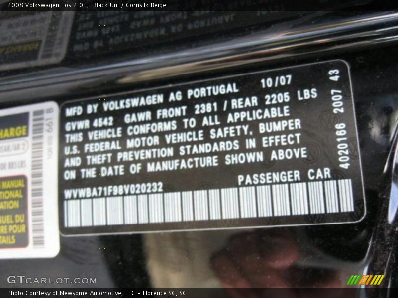 Black Uni / Cornsilk Beige 2008 Volkswagen Eos 2.0T