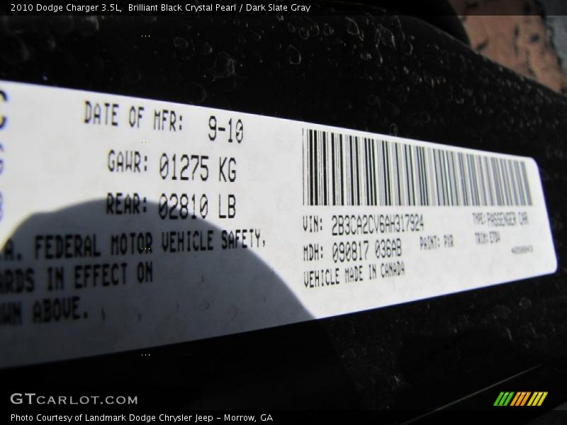 Brilliant Black Crystal Pearl / Dark Slate Gray 2010 Dodge Charger 3.5L