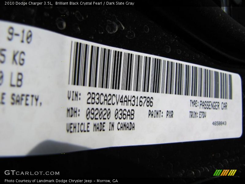 Brilliant Black Crystal Pearl / Dark Slate Gray 2010 Dodge Charger 3.5L