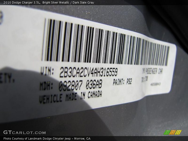 Bright Silver Metallic / Dark Slate Gray 2010 Dodge Charger 3.5L
