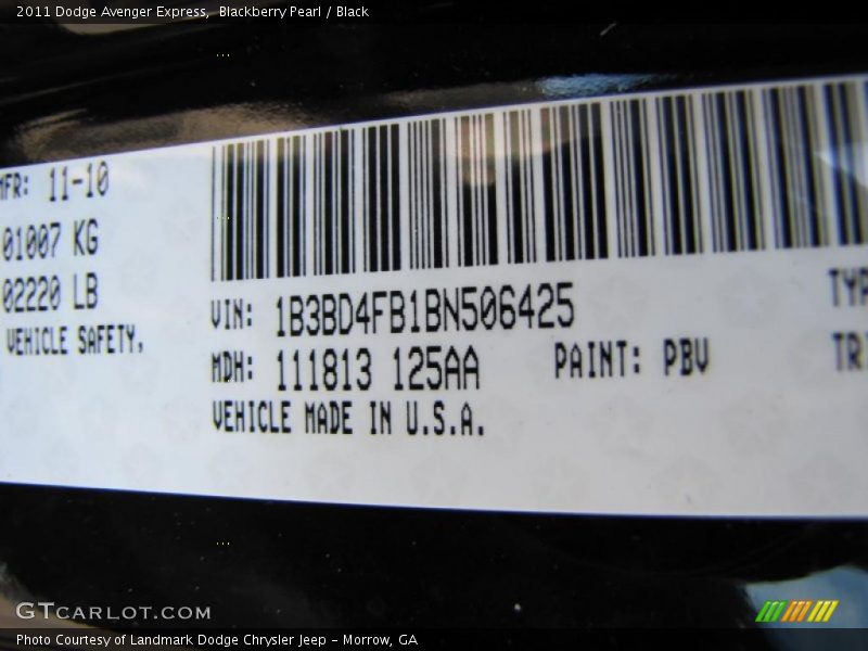 2011 Avenger Express Blackberry Pearl Color Code PBV