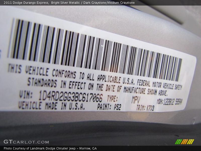 2011 Durango Express Bright Silver Metallic Color Code PS2