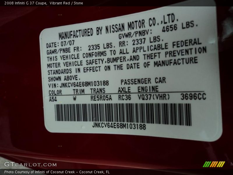 2008 G 37 Coupe Vibrant Red Color Code A54