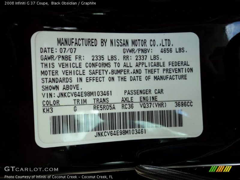 2008 G 37 Coupe Black Obsidian Color Code KH3