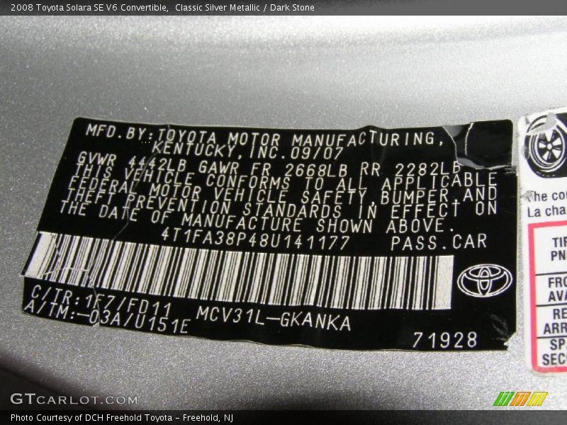 Classic Silver Metallic / Dark Stone 2008 Toyota Solara SE V6 Convertible