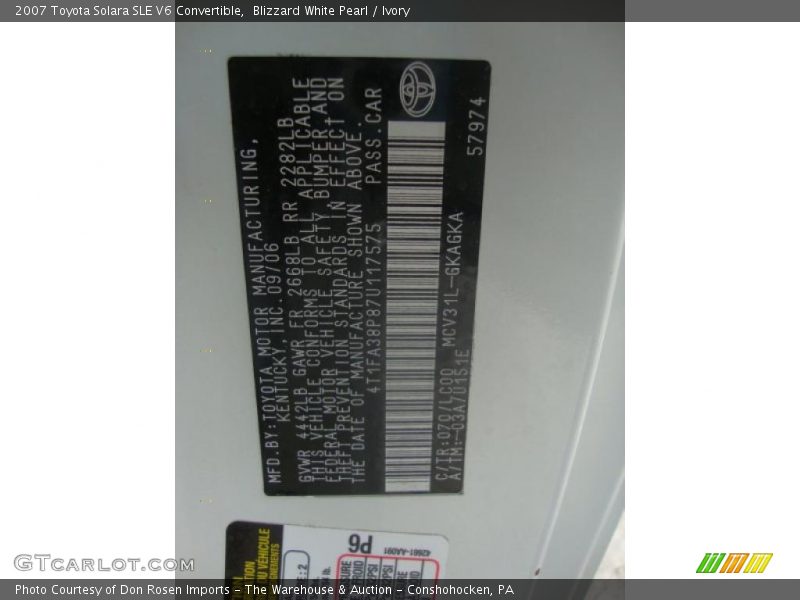 2007 Solara SLE V6 Convertible Blizzard White Pearl Color Code 070