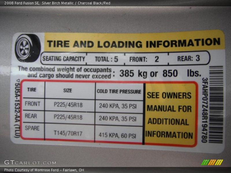 Silver Birch Metallic / Charcoal Black/Red 2008 Ford Fusion SE
