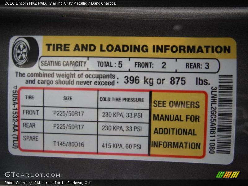 Sterling Gray Metallic / Dark Charcoal 2010 Lincoln MKZ FWD