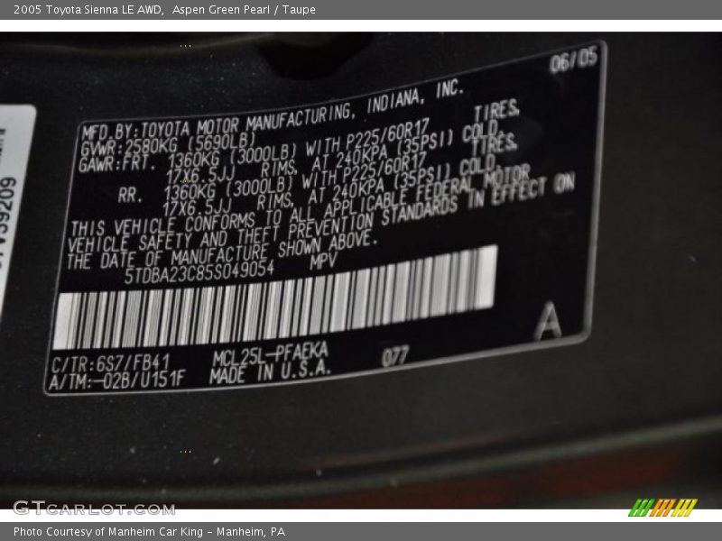 2005 Sienna LE AWD Aspen Green Pearl Color Code 6S7