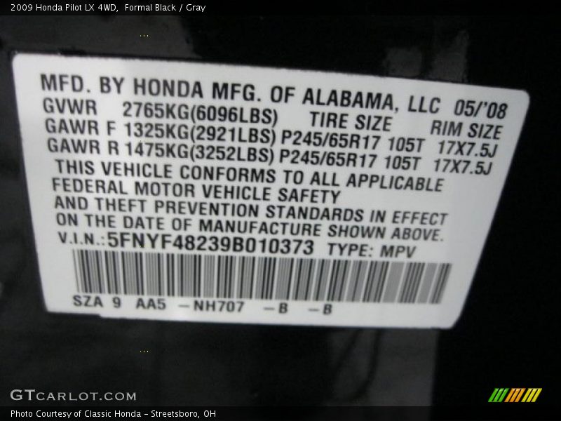 Formal Black / Gray 2009 Honda Pilot LX 4WD