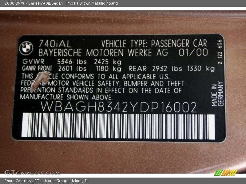 Info Tag of 2000 7 Series 740iL Sedan